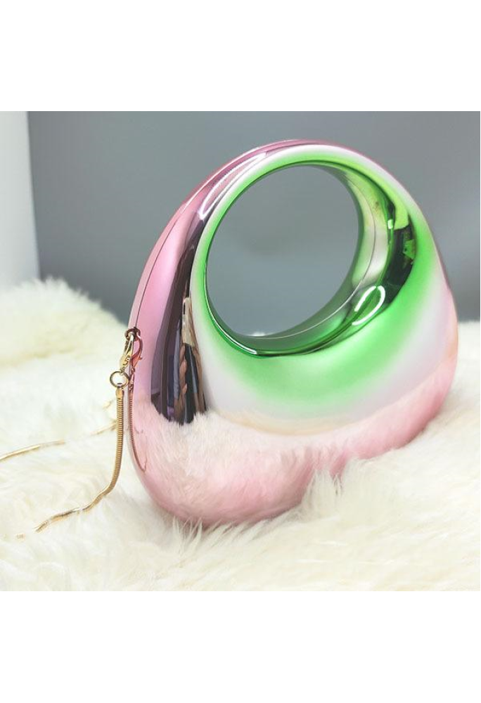 Acrylic Evening Clutch Top Handle Moon Bag, Glossy Metallic Tote Bag Pink Gradient Green