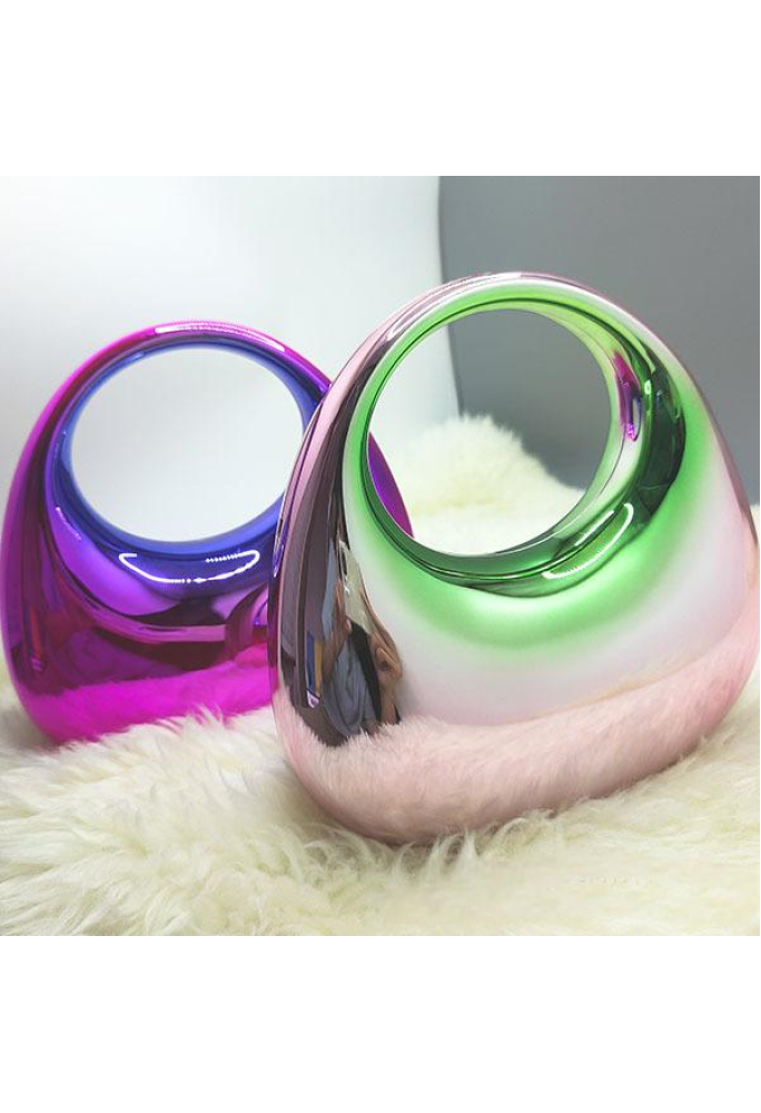 Acrylic Evening Clutch Top Handle Moon Bag, Glossy Metallic Tote Bag Pink Gradient Green