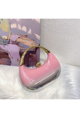 Acrylic Evening Clutch Top Handle Moon Bag, Glossy Metallic Tote Bag Pink Gradient Silver