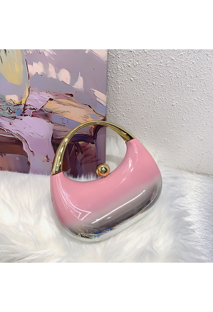 Acrylic Evening Clutch Top Handle Moon Bag, Glossy Metallic Tote Bag Pink Gradient Silver