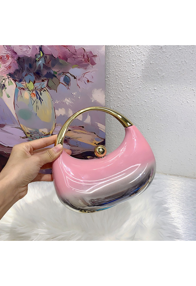 Acrylic Evening Clutch Top Handle Moon Bag, Glossy Metallic Tote Bag Pink Gradient Silver