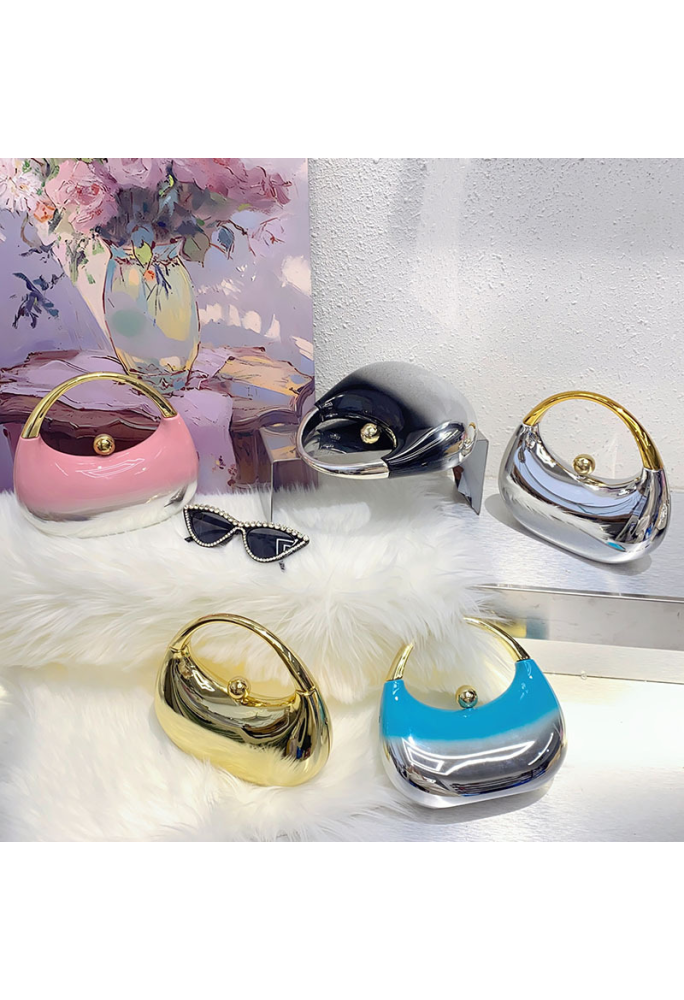 Acrylic Evening Clutch Top Handle Moon Bag, Glossy Metallic Tote Bag Pink Gradient Silver