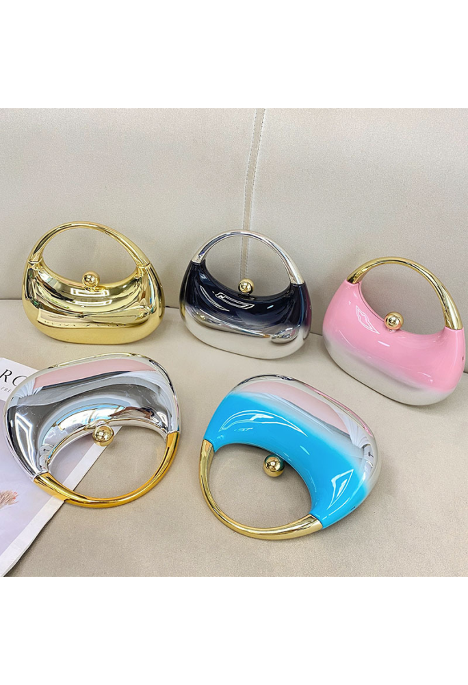 Acrylic Evening Clutch Top Handle Moon Bag, Glossy Metallic Tote Bag Pink Gradient Silver
