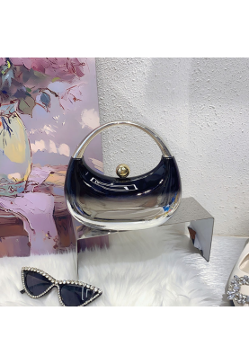 Acrylic Evening Clutch Top Handle Moon Bag, Glossy Metallic Tote Bag Black