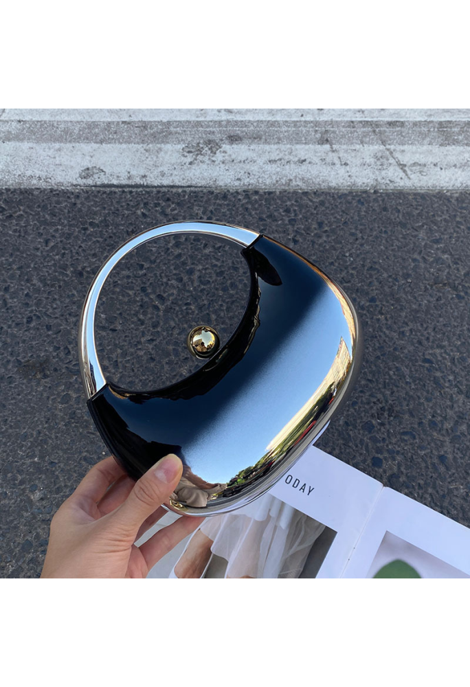 Acrylic Evening Clutch Top Handle Moon Bag, Glossy Metallic Tote Bag Black