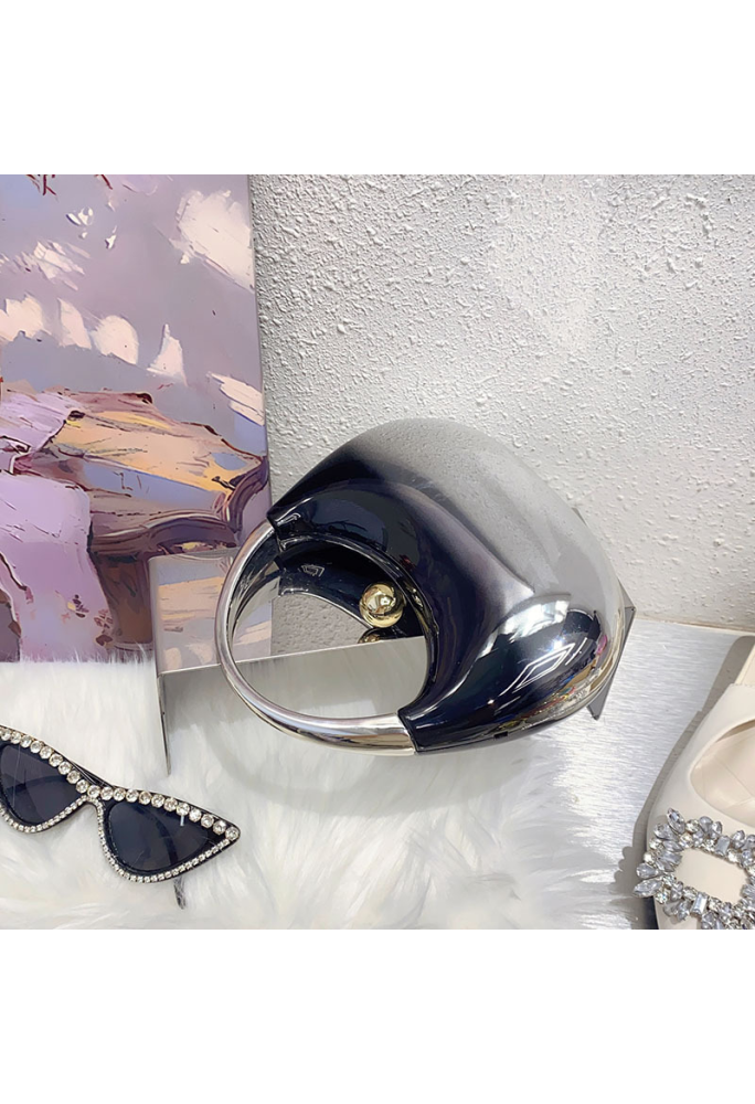 Acrylic Evening Clutch Top Handle Moon Bag, Glossy Metallic Tote Bag Black