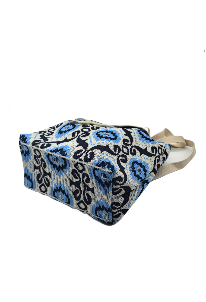 Blue Bohemian Knit Backpack For Women Casual Shoulder Bag