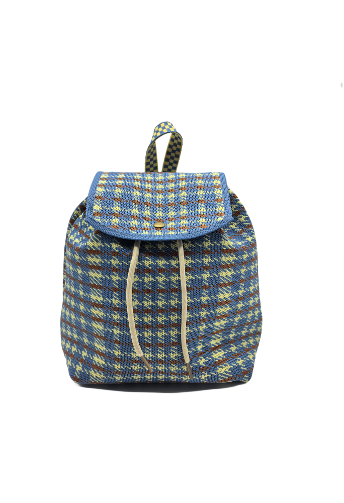 Blue Plaid Knit Backpack For Women Casual Shoulder Bag