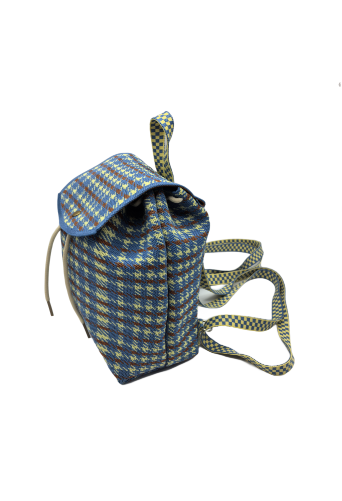 Blue Plaid Knit Backpack For Women Casual Shoulder Bag